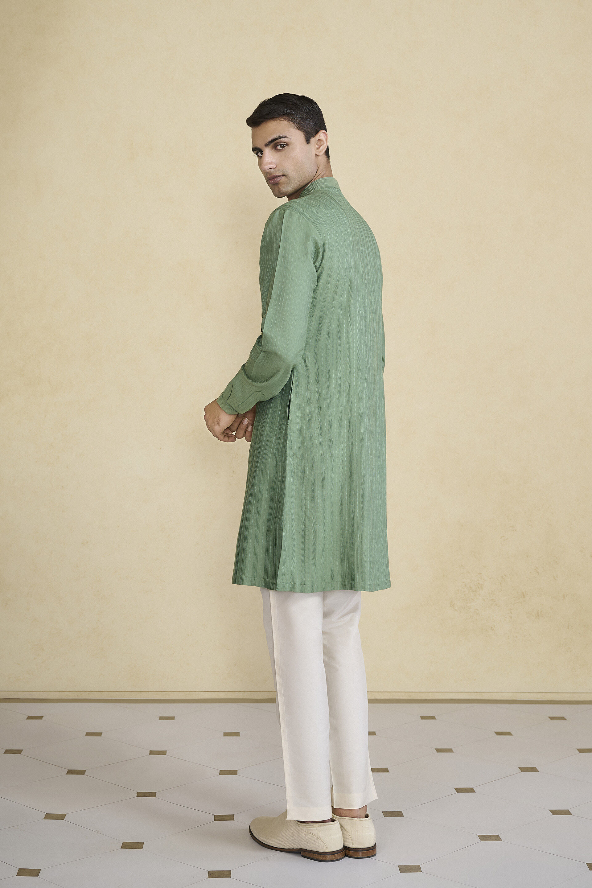 Daeven Embroidered Silk Kurta - Green, Green, image 2